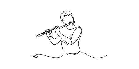 Continuous single line drawing of a person playing the flute in a simple minimalist style design Vector, illustration © Badhon_Art Gallery