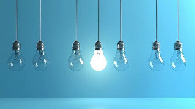 A row of hanging light bulbs with one glowing brightly against a blue background
