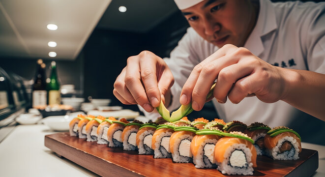 Close up of a focused chef in white uniform using hands to place fresh avocado on top of salmon and cream cheese sushi rolls