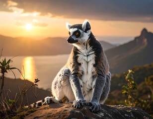 Fototapeta premium A ring-tailed lemur sits atop a rocky outcropping, gazing out at the golden sunset over an ocean horizon. Mountain silhouettes rise in background