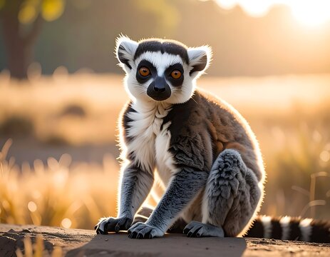 A ring-tailed primate sits perched with intent gaze, illuminated by golden sunlight against a blurred, warm background