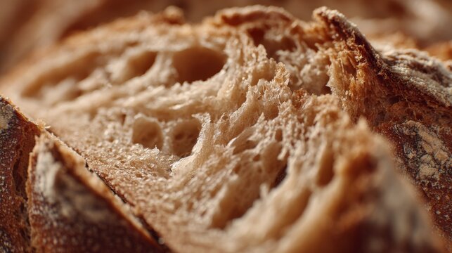 Close-Up View of Crusty Bread Slice with Airy Texture and Delicious Crumb, Capturing Freshness and Artisanal Quality in Bakery Products