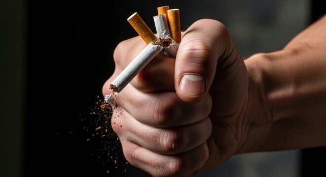Hand crushing cigarettes in frustration.