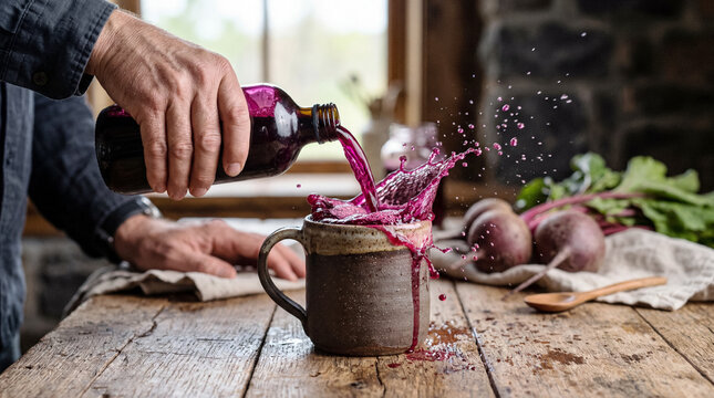Pouring beet kvass into ceramic mug splash