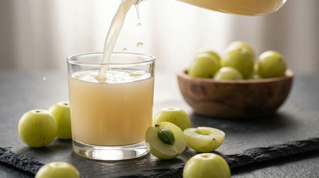 Fresh Amla Juice Being Poured into Glass with Indian Gooseberries on Stone Surface, Natural Vitamin C Rich Detox Drink for Immunity, Ayurvedic Wellness and Healthy Lifestyle Concept