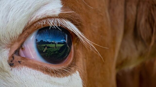 Close-up of a cow's eye reflecting a serene green field and blue sky
