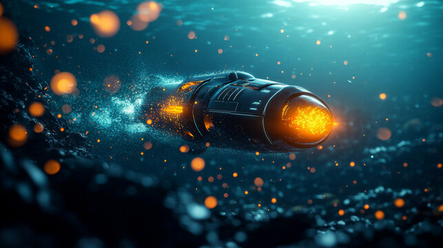 Futuristic high speed propulsion spacecraft traveling through deep space with brilliant glowing orange thrusters and energetic particles against a dark cosmic ocean background