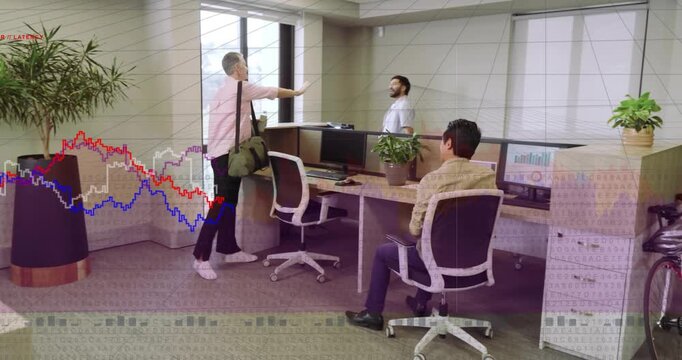 entrant carrying duffel causing coworkers turning, initiating handshake and business chat by charts