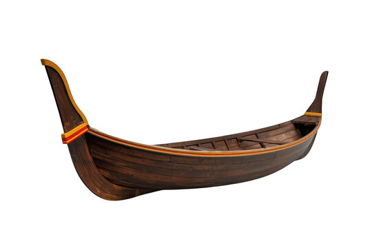 Traditional wooden boat with ornate carvings and colorful stripe decoration on transparent background, side view