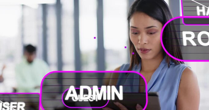 Woman tapping tablet, causing ADMIN,GUEST,LOGIN,LOGOUT UI stacking, managing roles, smiling in tech