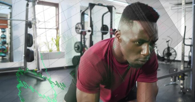 Man lifting dumbbell on bench, initiating row for fitness while green graph overlay tracking reps