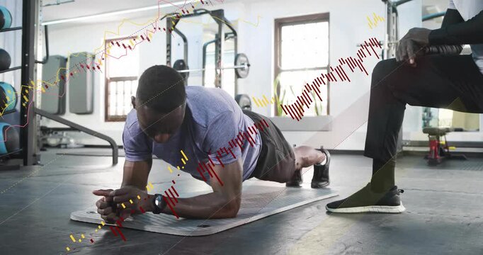 Coach timing, trainee holding forearm-plank on mat checking hip for fitness, overlays appearing