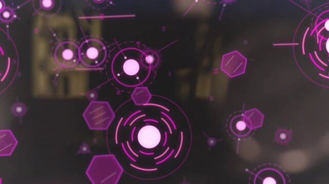 Magenta HUD pulsing nodes shifting out while camera shifting focus and revealing lab dial via glass