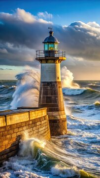 A photo of a lighthouse standing tall in Lybster Harbour against the backdrop of rough seas, with crashing waves and churning waters visible in the di