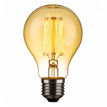 Vintage style light bulb with glowing filaments creating warm ambient lighting set against a clean white background energy efficient design
