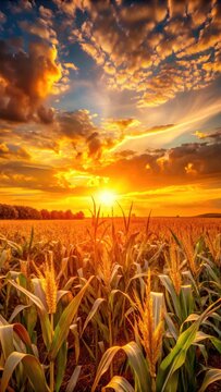 A photo of a golden sunset casting a warm glow over rolling cornfields, the horizon bathed in vibrant orange and pink hues, silhouetting the tall stal