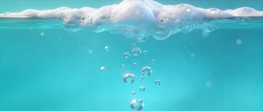 Aqua background bright water clear liquid foam bubble underwater scene turquoise color fresh splash clean purity soft focus abstract texture airy foam bubble rising thick foamy layer smooth bubble