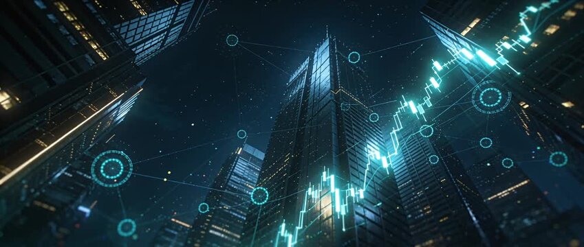 Futuristic finance city digital data stock market graph skyline night technology network trading investment financial chart skyscraper economy urban analytics big data scene
