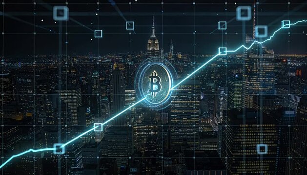 Bitcoin cryptocurrency blockchain digital currency finance market investment technology trading growth virtual currency financial economy fintech skyline city night skyscraper futuristic data network
