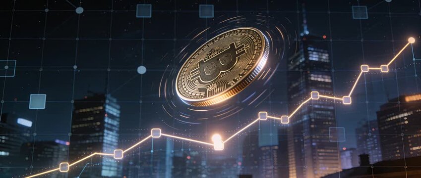 Cryptocurrency bitcoin coin blockchain digital finance investment trading market growth technology skyline city night chart graph glowing virtual money currency fintech exchange speculative future