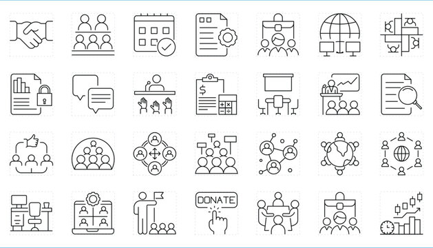 Organization related editable stroke line icons set.