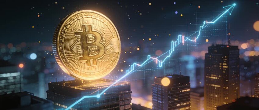 Cryptocurrency bitcoin gold coin night city skyline neon light skyline stock market growth financial investment trading digital currency finance technology futuristic urban skyscraper glowing chart