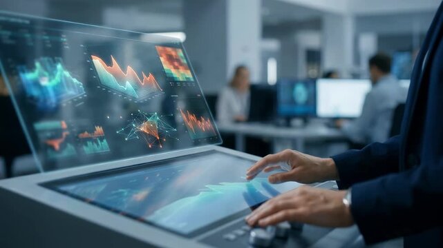 Medium frame capturing a digital twin interface highlighting credit portfolio stress tests during economic downturns with the operators hands in sharp detail and a soft focus