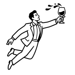 Fototapeta premium man in suit running with wine glass line drawing illustration vector clipart black and white