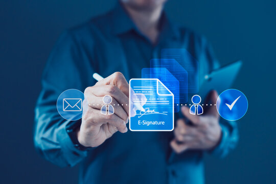 Business professional signing electronic document with digital signature approval and secure workflow interface