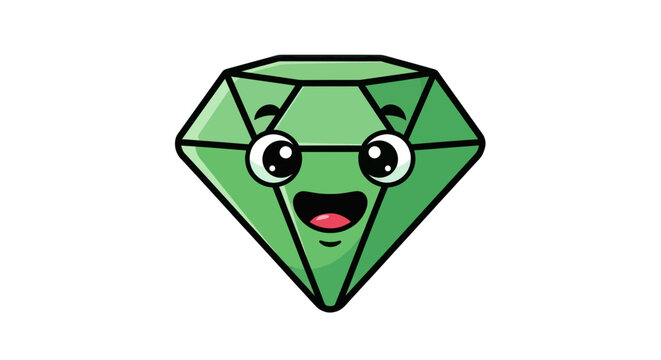 Cute cartoon green diamond character with happy face and glasses, isolated on white background