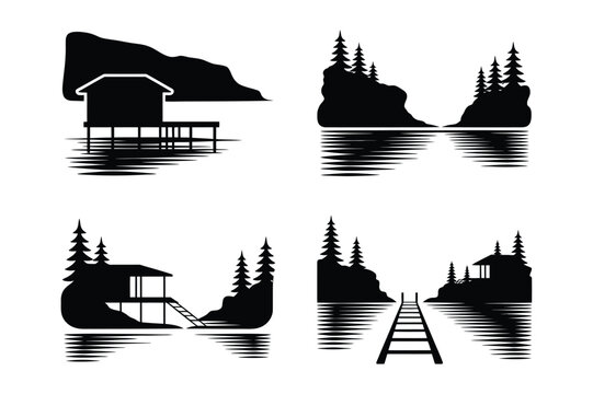 Collection of lakeside and coastal silhouettes with cabins and pine trees