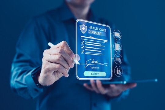 Business professional signing healthcare consent form with digital signature and secure patient data approval interface