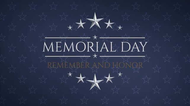Loopable Memorial Day animation featuring &ldquo;Remember and Honor&rdquo; text with star elements. Clean patriotic design and smooth motion ideal for tribute videos, national events, and remembrance content.