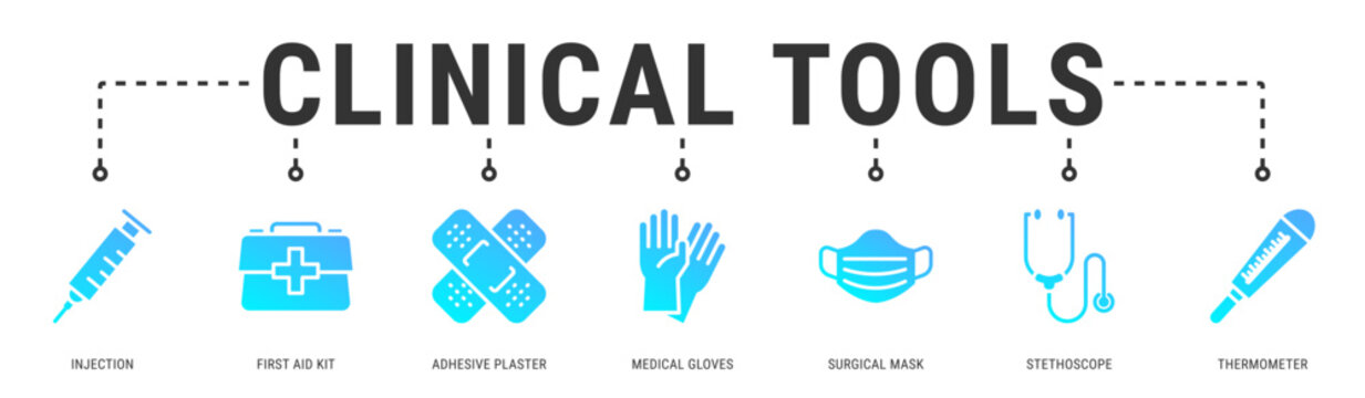 Clinical Tools web banner icon vector illustration with Injection, First Aid Kit, Adhesive Plaster, Medical Gloves, Surgical Mask, Stethoscope and Thermometer