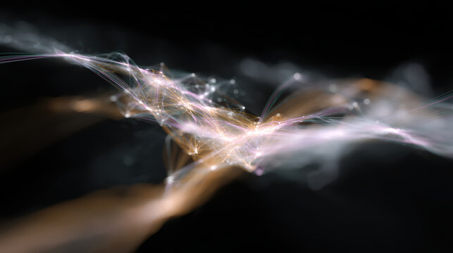 Abstract digital network of interwoven glowing flight routes and light particles forming flowing connection patterns with motion blur and dark