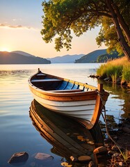 Fototapeta premium A scenic lake features a wooden rowboat tethered to the shore, under a tree as the sun sets, illuminating mountains
