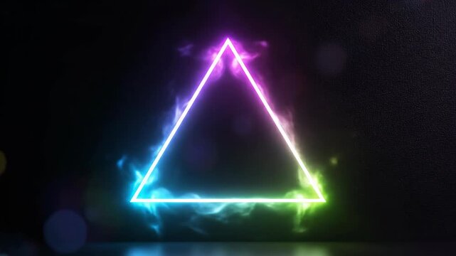 Futuristic neon equilateral triangle with energy smoke on dark wall