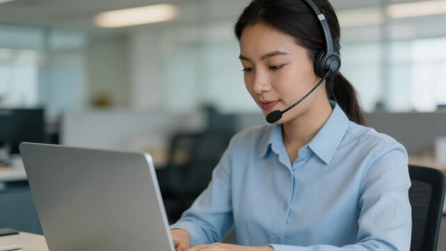 Medium shot of customer support agent wearing headset helping member with laptop login focus on agent while background office is blurred.