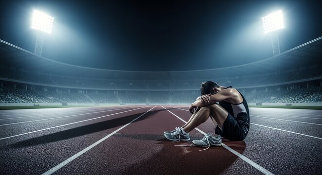 Athlete sitting on track in empty stadium
