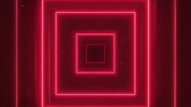 A glowing red neon square tunnel creates a deep perspective effect