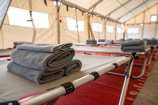 Emergency shelter interior with organized cots, folded towels, and clean bedding inside canvas tent, representing humanitarian aid, disaster relief, temporary housing, and crisis response conditions.