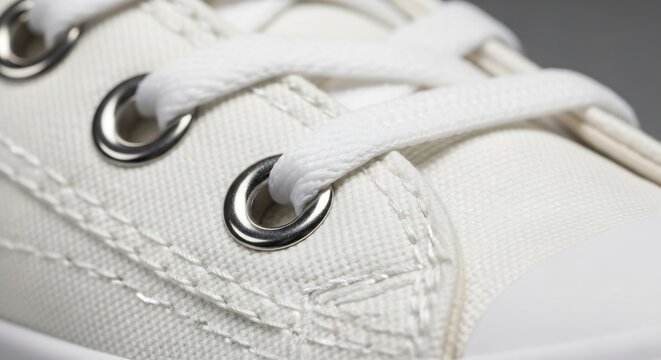 Close up of white canvas sneaker eyelets and laces.