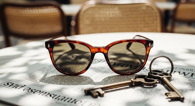 Stylish Tortoiseshell Sunglasses and Vintage Keys on a Table.
