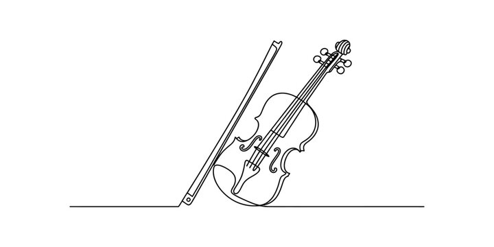 Minimalist continuous single line drawing of a classic violin instrument and bow on white background Vector, illustration