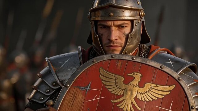 Roman Centurion Warrior in Full Armor Holding Shield Ready for Battle.