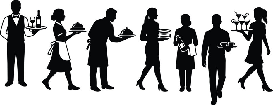 Professional restaurant service staff silhouettes carrying food