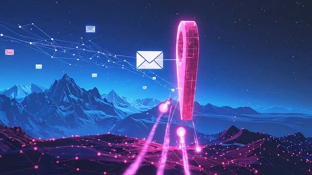 Digital communication network with glowing location markers over a mountain landscape