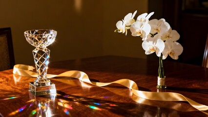 Elegant Crystal Trophy and White Orchids with Rainbow Light on Wooden Table