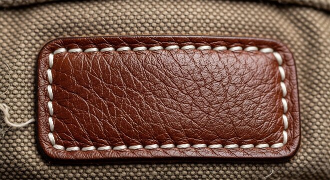 Close up of a textured brown leather patch with white stitching on a canvas bag.