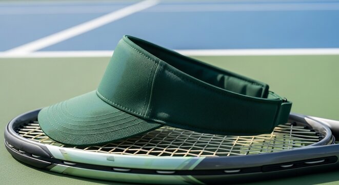 Green Tennis Visor Resting on Tennis Racquet on Court.